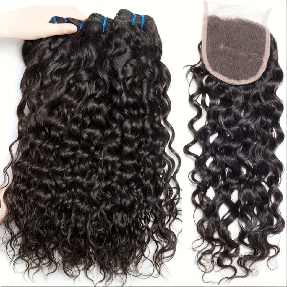 Human Hair Bundles Brazilian Water Wave Bundles Wet and Wavy Hair Weave Weft Remy Hair with Closure