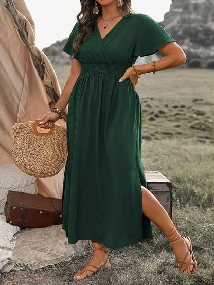 Casual Wrap Dress with Short Sleeves and Slit