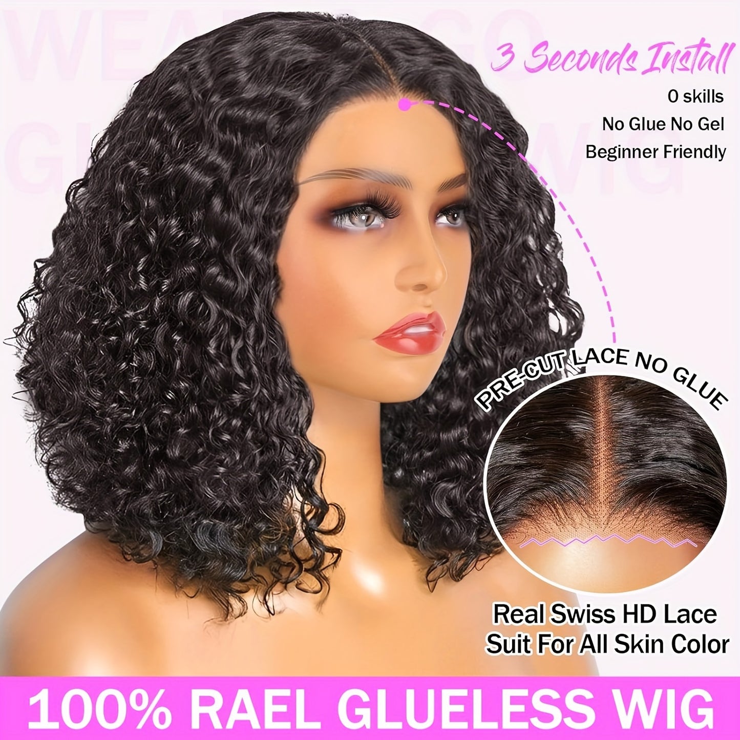 100% RAEL Human Hair 4x4  Lace Front GLUELESS WIGs with Easy Wear Glueless Bob Wig