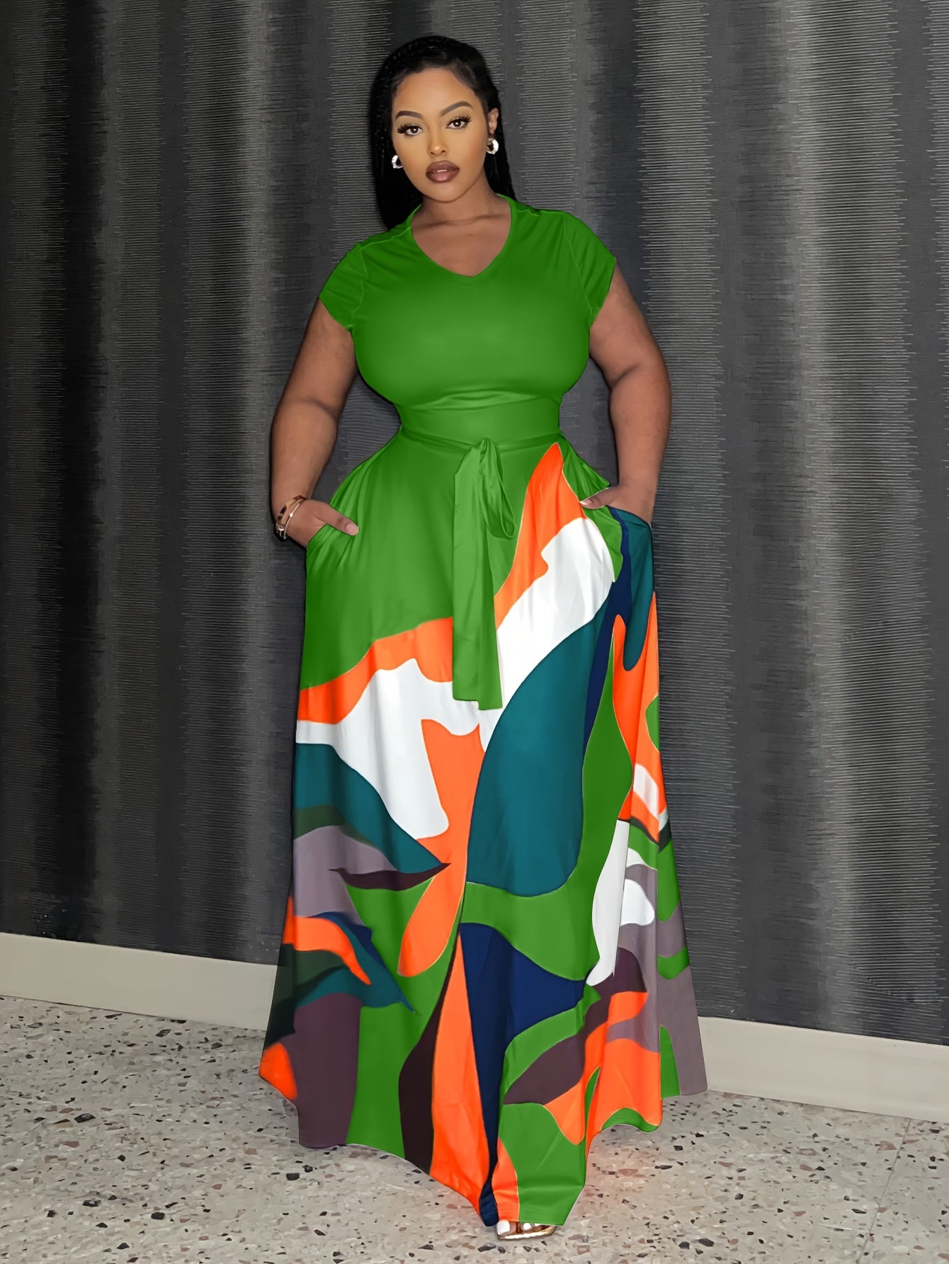 Plus Size Geometric Color Block Print Dress