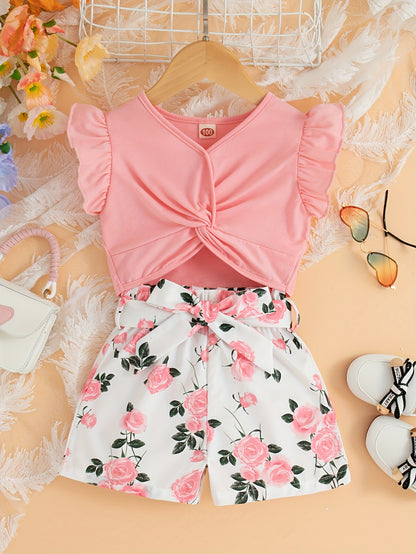 Girls’ 2-Piece Set: Orange Floral Wrap Top & High-Waist Shorts