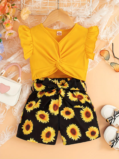 Girls’ 2-Piece Set: Orange Floral Wrap Top & High-Waist Shorts