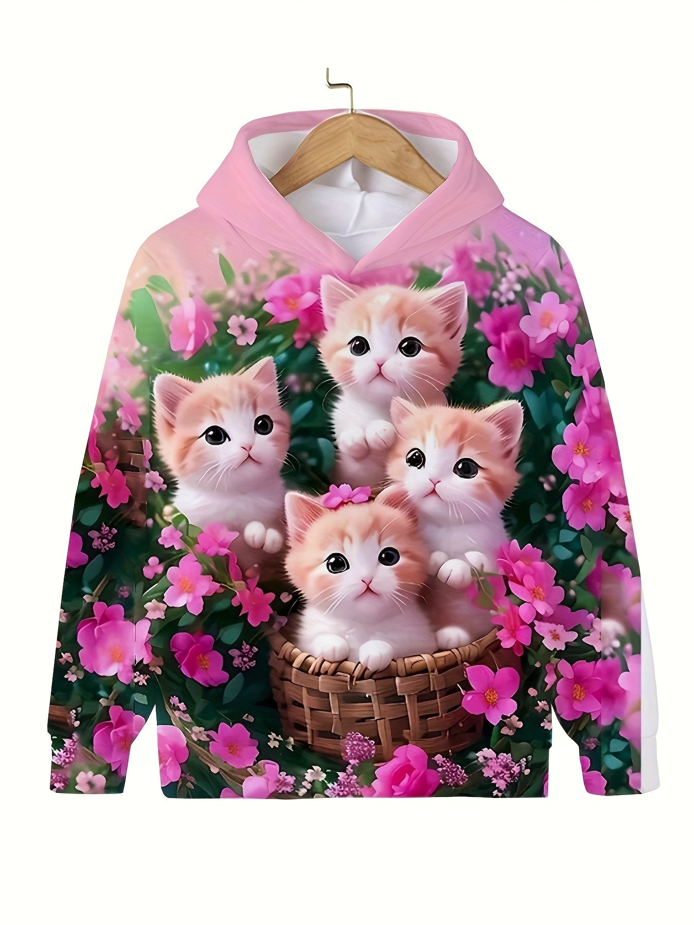 Charming Kitten Graphic Hoodie for Girls - Cozy Long Sleeve Pullover with Hood